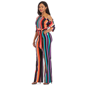 One Off Shoulder Print Colorful Striped Jumpsuits With Belt #One Shoulder #Striped SA-BLL55375-3 Women's Clothes and Jumpsuits & Rompers by Sexy Affordable Clothing