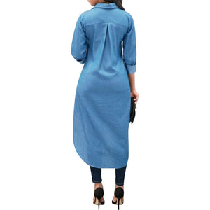 Denim Blue Casual Asymmetrical Mid Calf Dress #Turndown Collar #Asymmetrical SA-BLL51492 Fashion Dresses and Maxi Dresses by Sexy Affordable Clothing