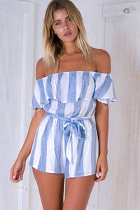 Blue Stripe Off The Shoulder Ruffle Romper  SA-BLL55302 Women's Clothes and Jumpsuits & Rompers by Sexy Affordable Clothing