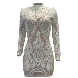 White Floral Sequin Grenadine Faux Fur Sparkly Clubwear Elegant Party Mini Dress #Long Sleeve SA-BLL2043-2 Fashion Dresses and Mini Dresses by Sexy Affordable Clothing