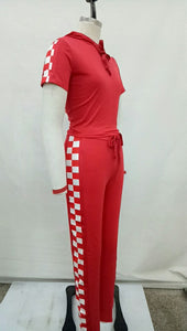 Hooded Sport Racing Plaid Two Piece Set #Red #Short Sleeve #Two Piece #Hooded SA-BLL282440-2 Sexy Clubwear and Pant Sets by Sexy Affordable Clothing