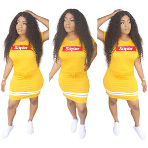 Letter Print Club Dress With Drawstring Waist #Yellow #Short Sleeve #O Neck SA-BLL282664-3 Sexy Clubwear and Club Dresses by Sexy Affordable Clothing
