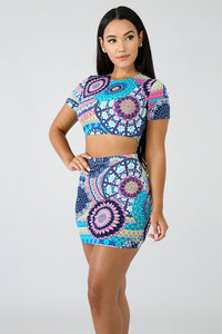 Euramerican Printed Two-piece Skirt Set #Short Sleeve #Two Piece #Printed SA-BLL282741 Sexy Clubwear and Skirt Sets by Sexy Affordable Clothing