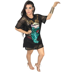 Short Sleeve Round Neck Short Abstract Embroidery Dress #Black #Short Sleeve #Mesh #Sequins #Round Neck SA-BLL695-1 Women's Clothes and Blouses & Tops by Sexy Affordable Clothing