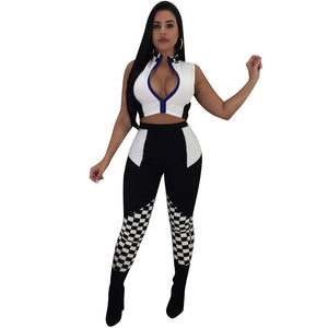 Checkered Racing Zipper Legging Two Piece Set #Two Piece #Zipper #Racing #Splice SA-BLL282484-3 Sexy Clubwear and Pant Sets by Sexy Affordable Clothing