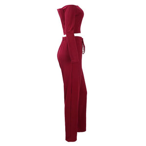 Red Ribbed Knit Off Shoulder Two Piece Set #Long Sleeve #Two Pieces #High Waist SA-BLL2183-2 Sexy Clubwear and Pant Sets by Sexy Affordable Clothing