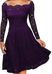 Purple Long Sleeve Floral Lace Boat Neck Cocktail Swing Dress  SA-BLL36155-1 Fashion Dresses and Skater & Vintage Dresses by Sexy Affordable Clothing