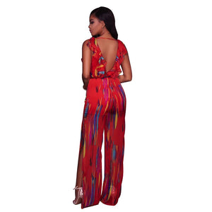 Janine Red Print Plunging V-Neck Slit Legs Jumpsuit #Red SA-BLL55329-2 Women's Clothes and Jumpsuits & Rompers by Sexy Affordable Clothing