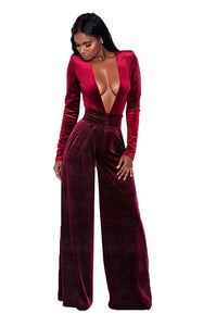 Burgundy Velvet Velia Deep V Jumpsuit #Jumpsuit #Burgundy SA-BLL55385-1 Women's Clothes and Jumpsuits & Rompers by Sexy Affordable Clothing