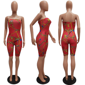 Chic Chain Print Casual Strapless Romper #Jumpsuit #Red #Printed SA-BLL55413-3 Women's Clothes and Jumpsuits & Rompers by Sexy Affordable Clothing