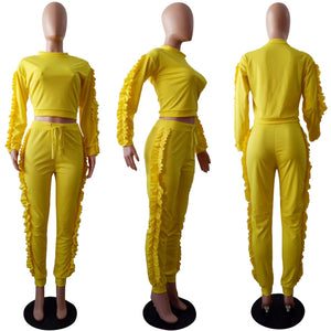 Side Pleated Tracksuit Crop Top and Pants #Yellow SA-BLL28189-2 Sexy Clubwear and Pant Sets by Sexy Affordable Clothing