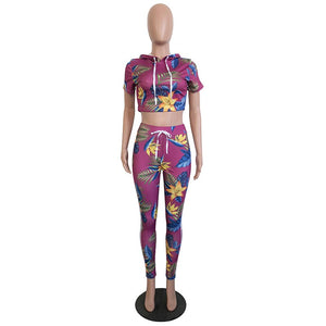 Casual Hooded Collar Floral Printed Two-Piece Pants Set #Short Sleeve #Two Piece #Hooded #Print SA-BLL282449-3 Sexy Clubwear and Pant Sets by Sexy Affordable Clothing