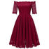 Off Shoulder Lace A-Line Dress With Half Sleeves #Lace #Red #Off Shoulder #A-Line #Half Sleeves