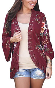 Womens Floral Print Loose Puff Sleeve Kimono Cardigan Lace Patchwork Cover Up Blouse