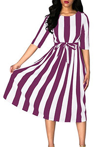 Women Half Sleeve Striped Midi Belt Dress