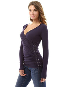 Women's Long Sleeve V Neck Lace Up Blouse