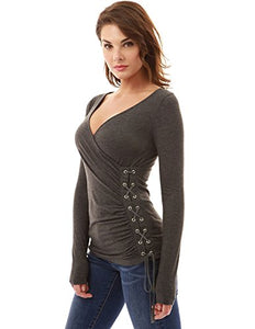 Women's Long Sleeve V Neck Lace Up Blouse