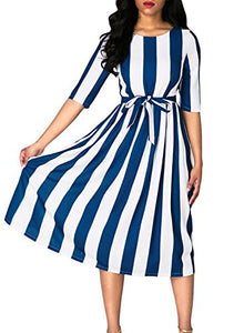 Women Half Sleeve Striped Midi Belt Dress