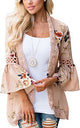 Womens Floral Print Loose Puff Sleeve Kimono Cardigan Lace Patchwork Cover Up Blouse